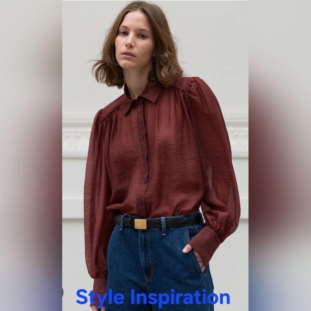 NWT Calligraphie Dark Red Blousy Sleeve Pleated Back Hi Low Button Up Top Size S
